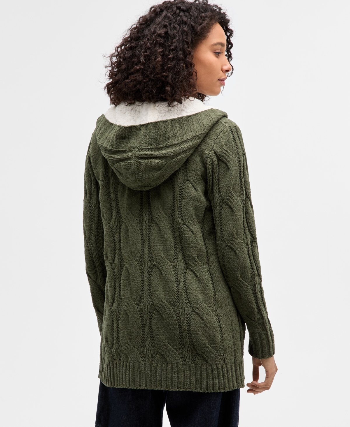 Madden Girl Juniors' Sherpa-lined Cable-knit Open Cardigan In Green
