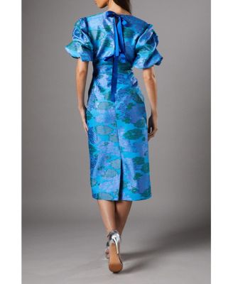 Women's Jacquard Floral Puff Sleeve Midi Dress