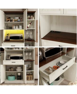 Antique White 71" Farmhouse Pantry Hutch Cabinet, Barn Door Kitchen Storage with LED Lights & Adjustable Shelves, Freestanding Sideboard with Glass Holder