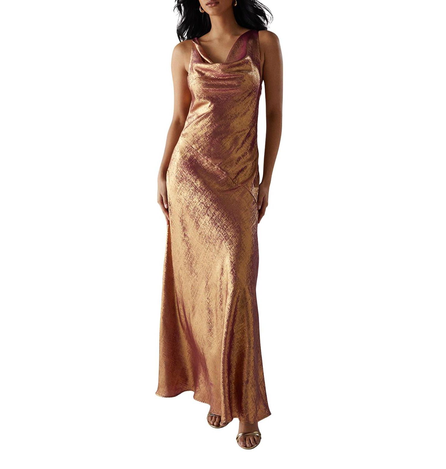 Women's Metallic Lame Cowl Neck Maxi Dress