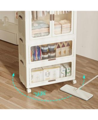 4 Tier Portable Kids Wardrobe Closet with Doors - Baby Clothes Organizer with Wheels, Collapsible Wardrobe Closet with Hanging Rod, Includes 10 Hangers, Ideal for Bedroom, Playroom