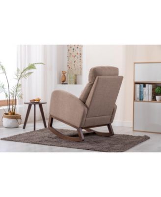 Modern Camel Linen Rocking Glider Chair with Wood Legs, Side Pocket & High Back for Living Room or Nursery