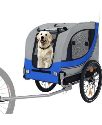 Gray Blue Large Folding Bike Trailer for Dogs 120LB Capacity All-Terrain Pet Carrier Durable Steel Frame for Cycling Camping