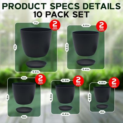 Campior Plastic Plant Pots with Drainage - Home Decor Flower Pot, Stackable Design for Indoor & Outdoor Use, Lightweight and Sturdy, Space-Saving, (7”, 6.6”, 6”, 5.3”, 4.8” Inches), Pack of 10, Black