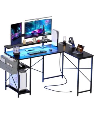 54 inch Gaming Desk, Reversible L Shaped Desk, Corner Computer Desk with Monitor Stand, Power Outlets, LED Lights and Storage Shelves for Home Office, Bedroom, Writing Workstation (Black)