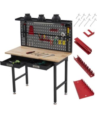 60" Heavy-Duty Metal and Wood Workbench with Drawers, Pegboard, and LED Lighting Tool Storage Table