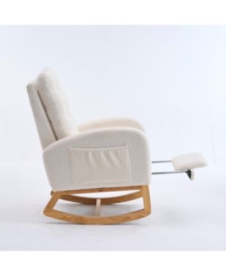 Plush Accent Rocking Chair with Footrest, Cream White High-Back Rocker, Rubber Wood Lounge Chair for Nursery & Living Room