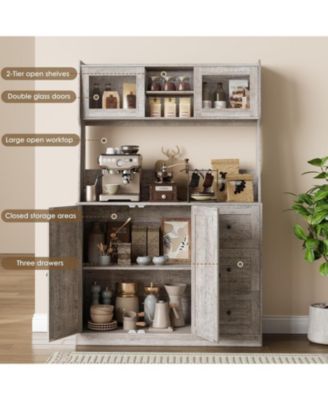 67" Tall Kitchen Hutch Storage Cabinet, Farmhosue Coffee Bar Cabinet with 3 Drawers and LED Lights