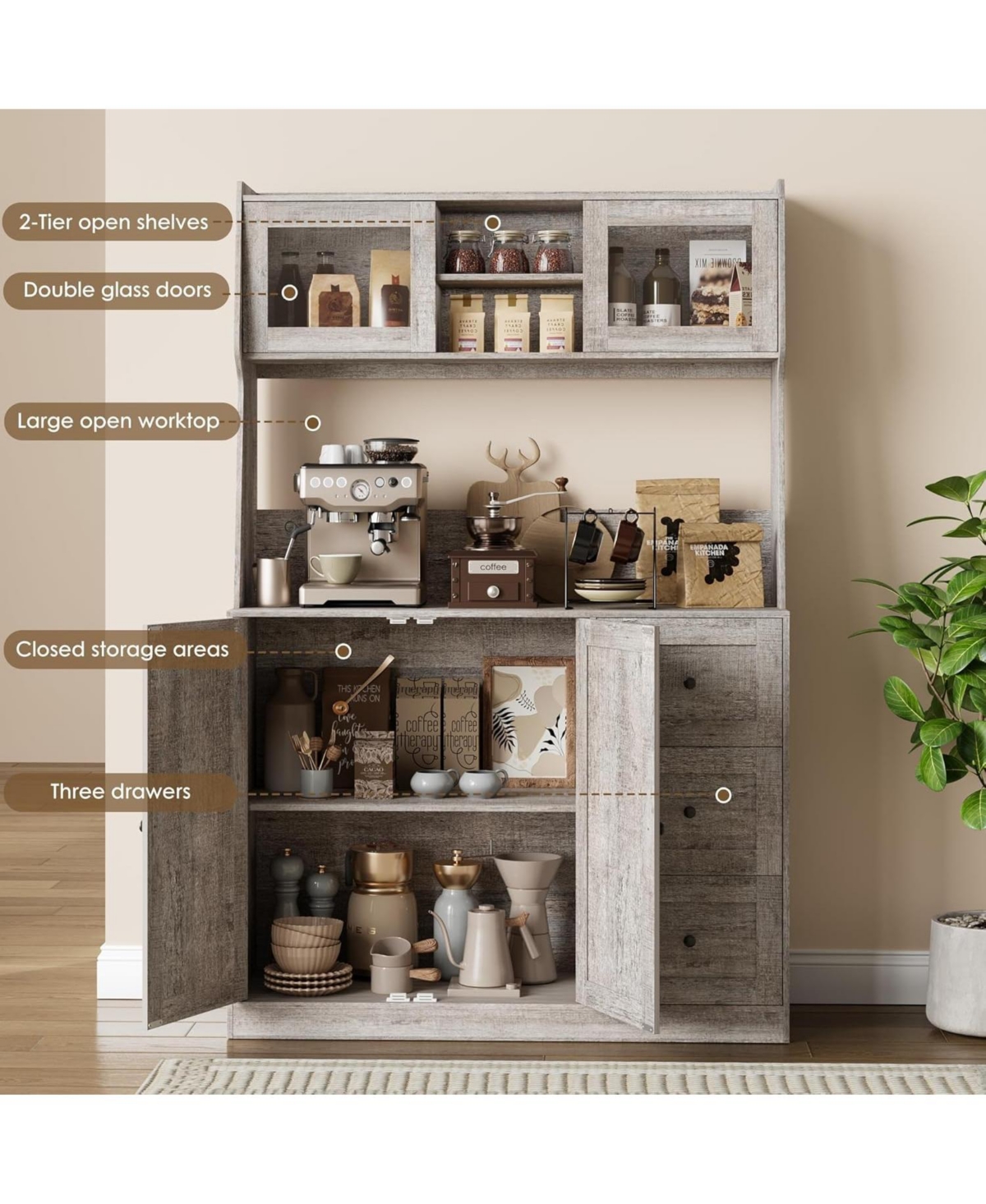 gaomon 67" Tall Kitchen Hutch Storage Cabinet, Farmhosue Coffee Bar Cabinet with 3 Drawers and Led Lights, Freestanding Food Pantry Countertop fo