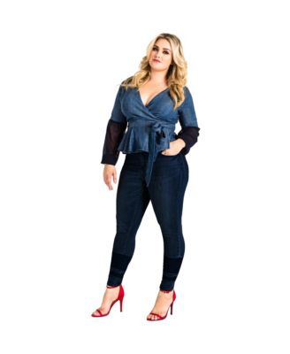 Plus Size Tencel Denim Puff Sleeve Wrap Top