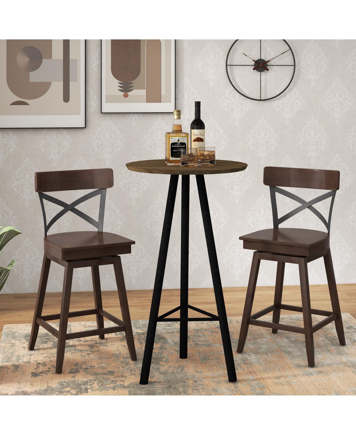 Set of 2 Wooden Swivel Bar Stools with Open X Back and Footrest