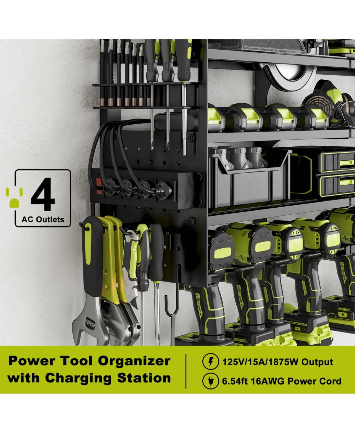 Hausource 4-Tier Power Tool Organizer with Pegboard, 12-Slot Drill Rack & Power Strip,Black