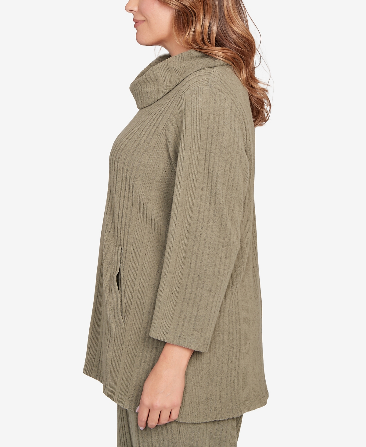 Hearts Of Palm Plus Size Solid Texture Hatchi Cowl Neck Tunic Top In Green