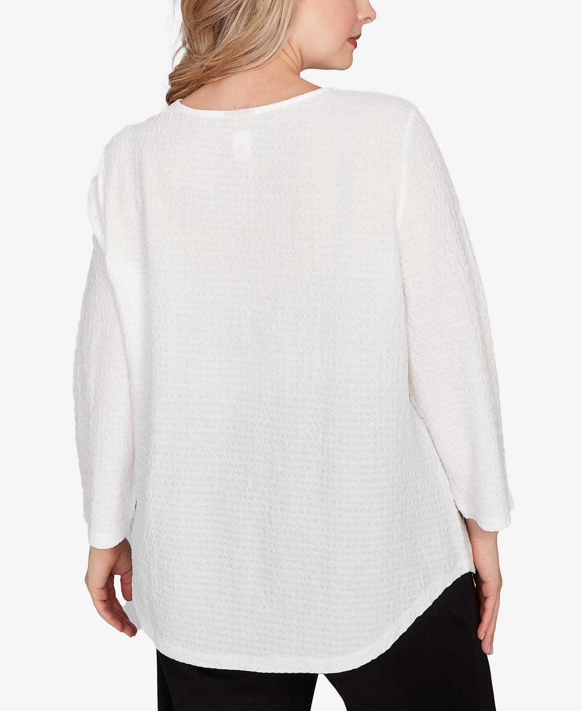 Hearts Of Palm Plus Size Novelty Crinkle 3/4 Sleeve Top In White