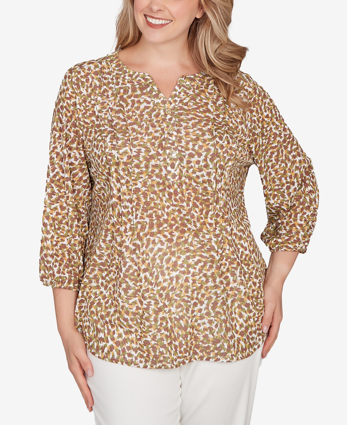 Hearts Of Palm Plus Size Printed 3/4 Sleeve Peasant Top In Multi