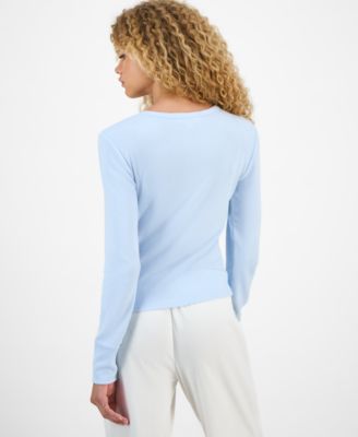 Juniors' Ribbed Long-Sleeve Embroidered Top
