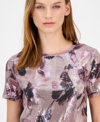 Petite Short-Sleeve Floral Sequin Tee