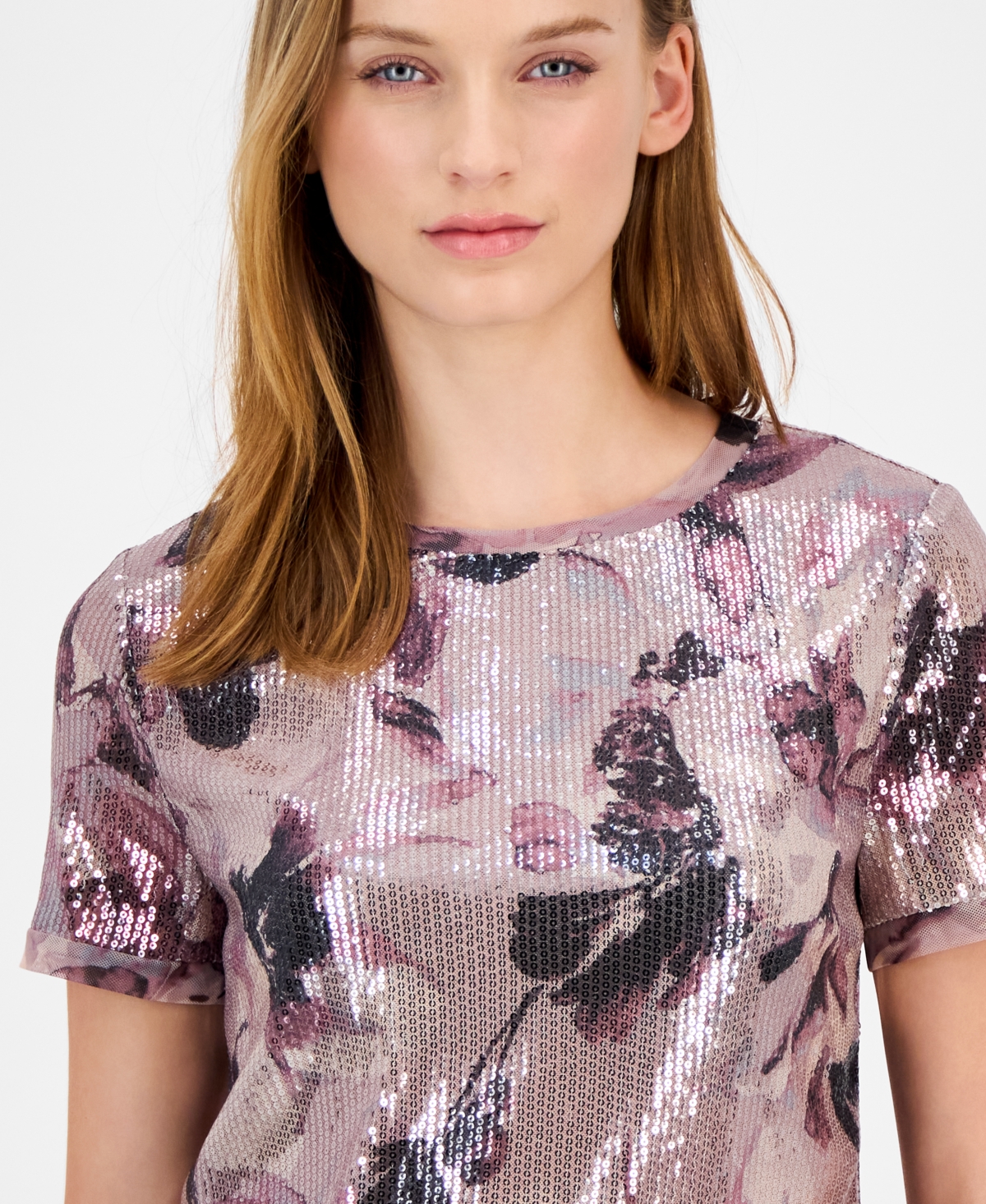 Anne Klein Women's Sequin Floral-Print Crewneck T-Shirt