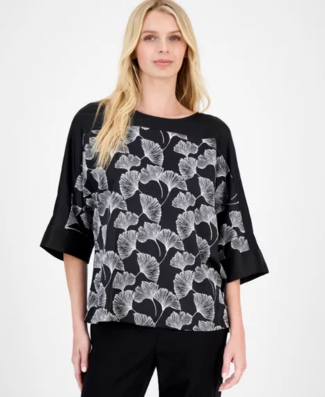 Petite Boat-Neck Printed Satin Top - Anne Black/White Dove