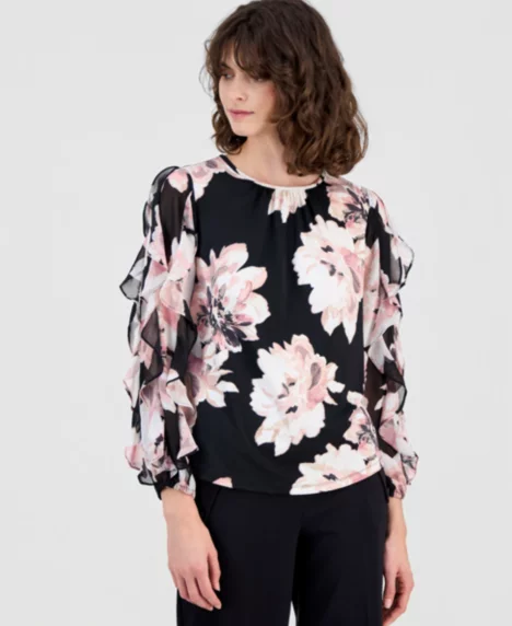 Petite Ruffled-Sleeve Shirred Floral Top - Anne Black Multi