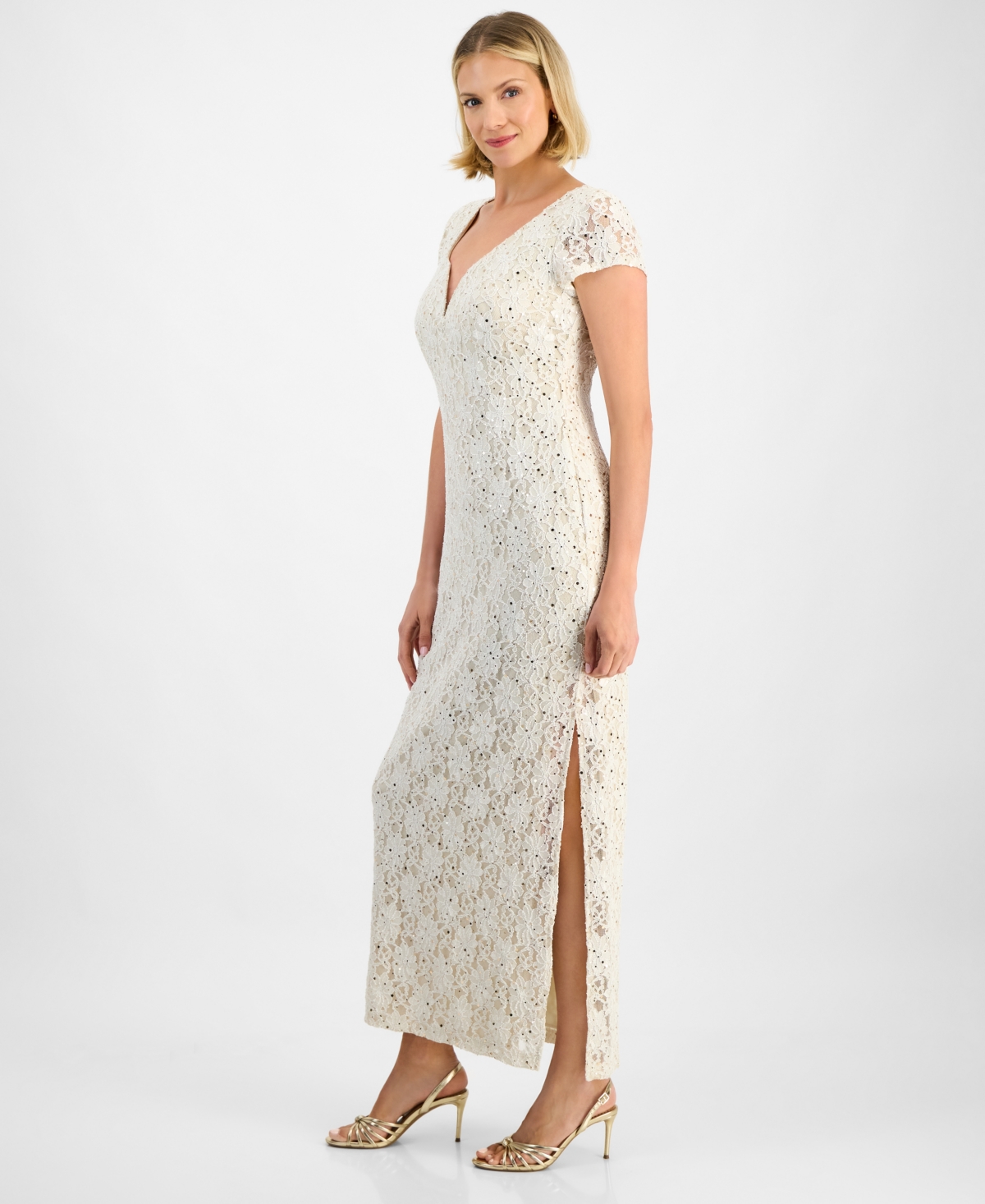 Connected Women's Sequined Lace Column Gown In White