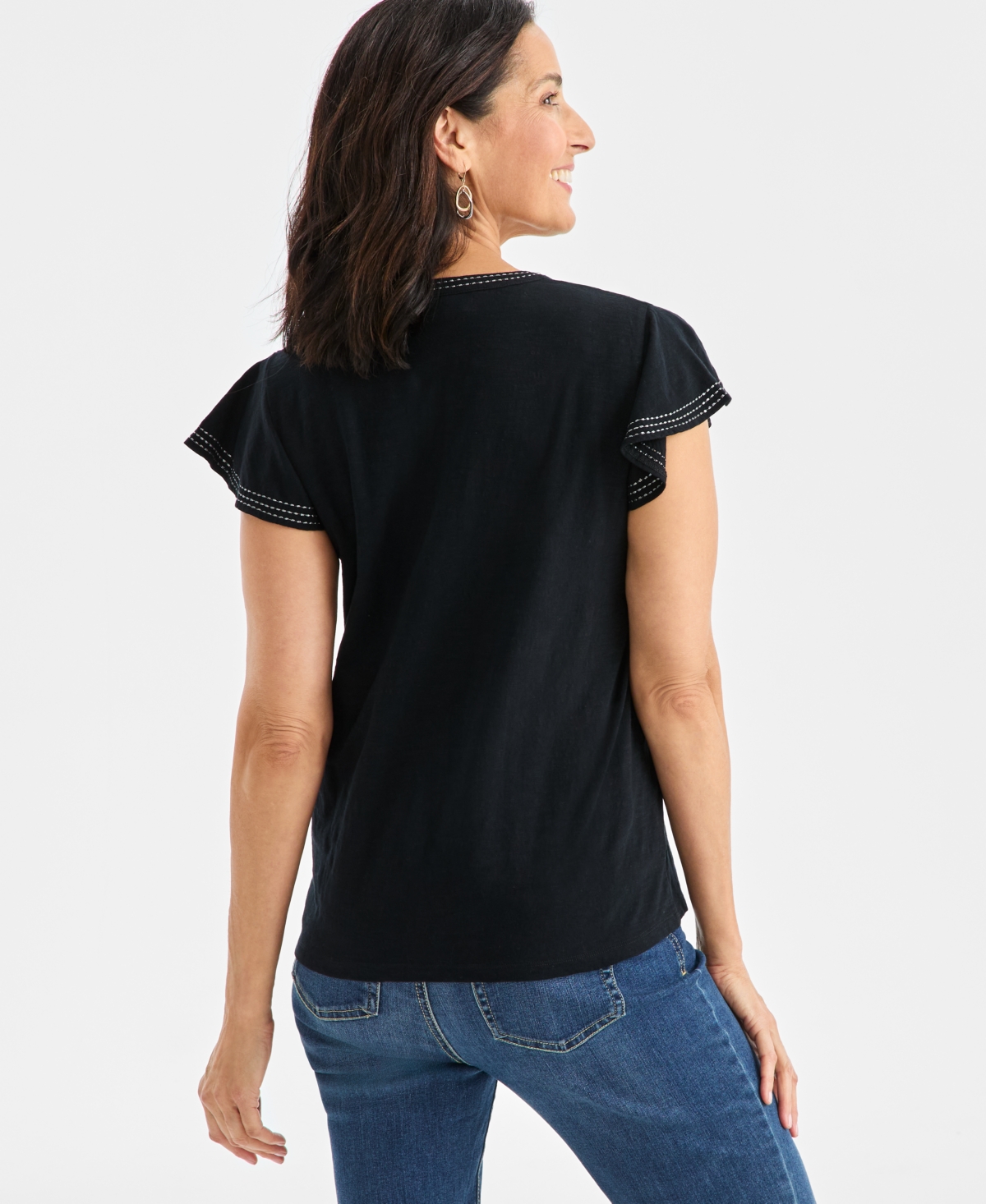 Style & Co Petite Cotton Embroidered Flutter-sleeve Knit Top, Macy's Exclusive In Black