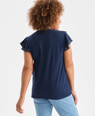 Women's Cotton Embroidered Flutter-Sleeve Knit Top, Macy's Exclusive