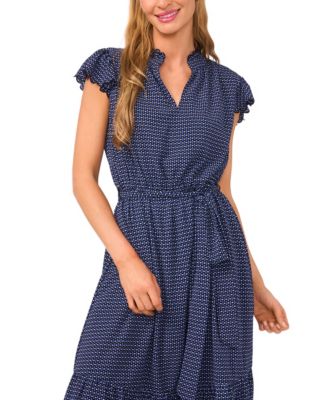 Women's Double Ruffle Scalloped Sleeve Midi Dress