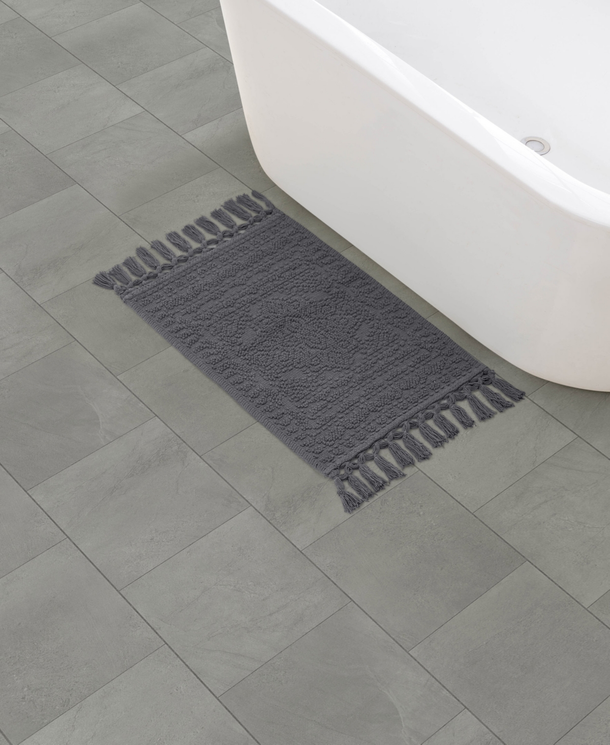 French Connection Nellore Fringe Cotton 17" X 28" Bath Rug In Gray