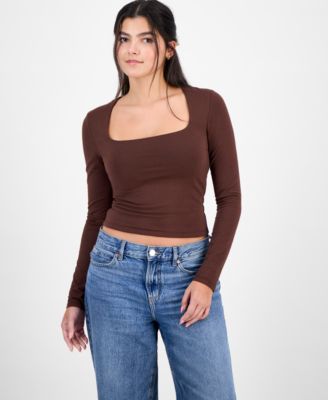 Pink Rose - Juniors' Square-Neck Long-Sleeve Knit Top