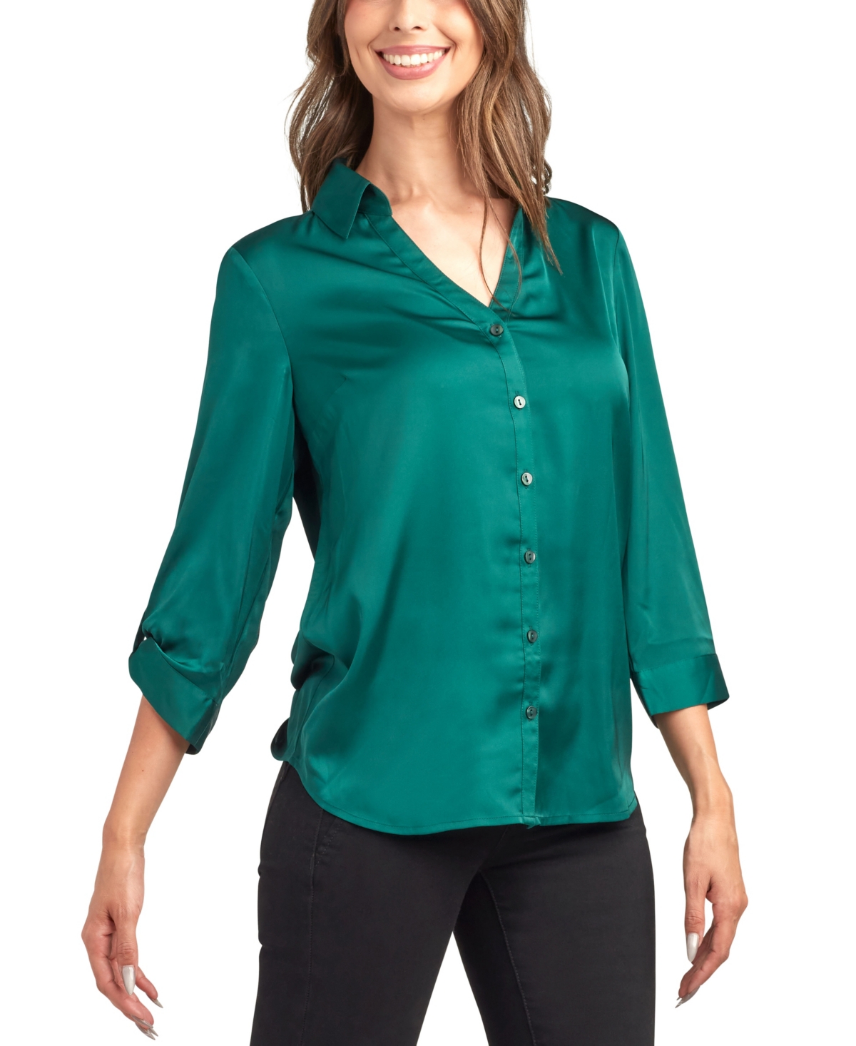 Bcx Juniors Stretch Satin Button-up 3/4-sleeve Top In Green