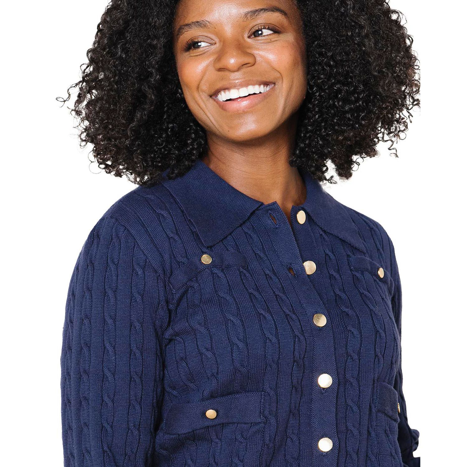 Women's Hope and Henry Organic Cable Knit Collared Cardigan Sweater