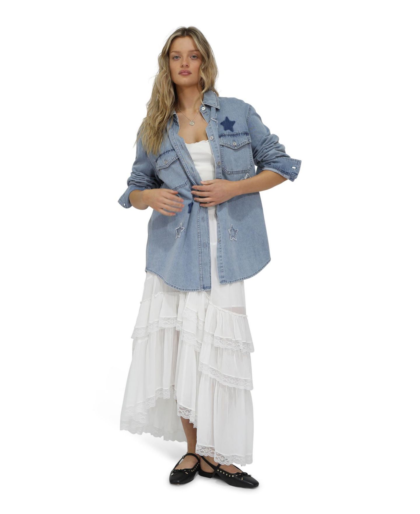 Женская рубашка Belle & Bloom Stargazer Patch Detail Denim Shirt, цвет: Стоунвош — фото 6