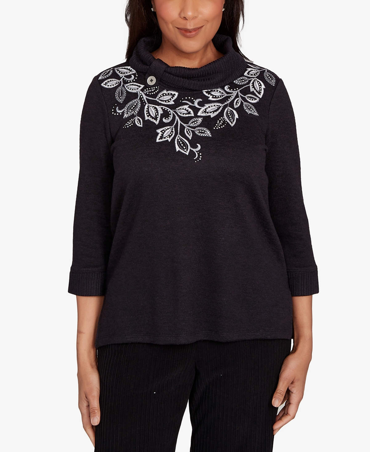 Alfred Dunner Petite Lake Champlain Leaf Embroidered Rib Neck Top In Black