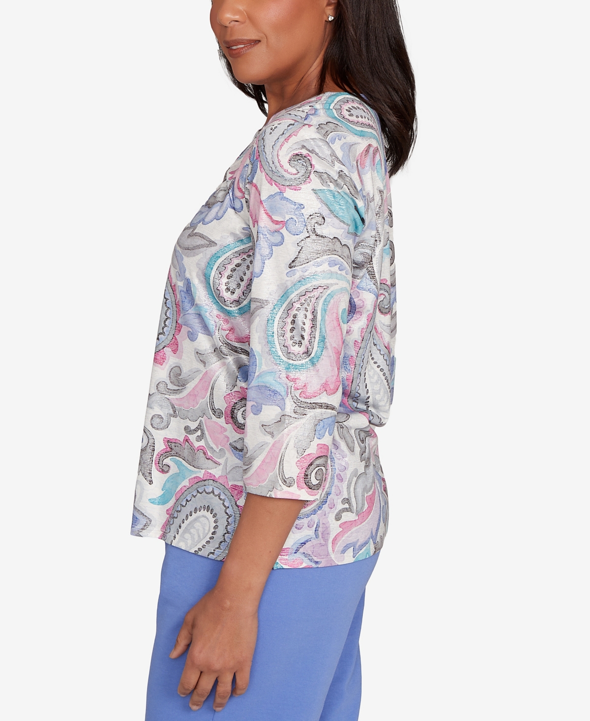 Alfred Dunner Petite Casual Vibe Pleated Paisley Crew Neck Top In Pink