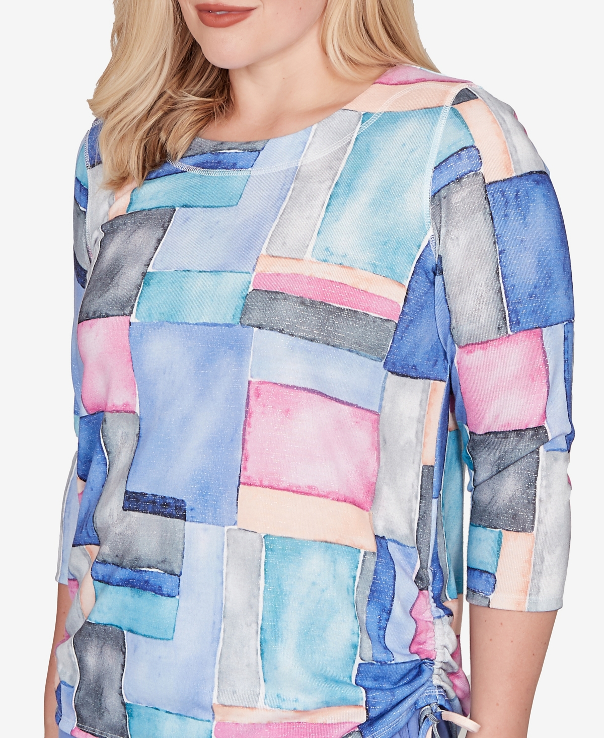 Alfred Dunner Petite Casual Vibe Tie Side Ruched Colorblock Top In Multi