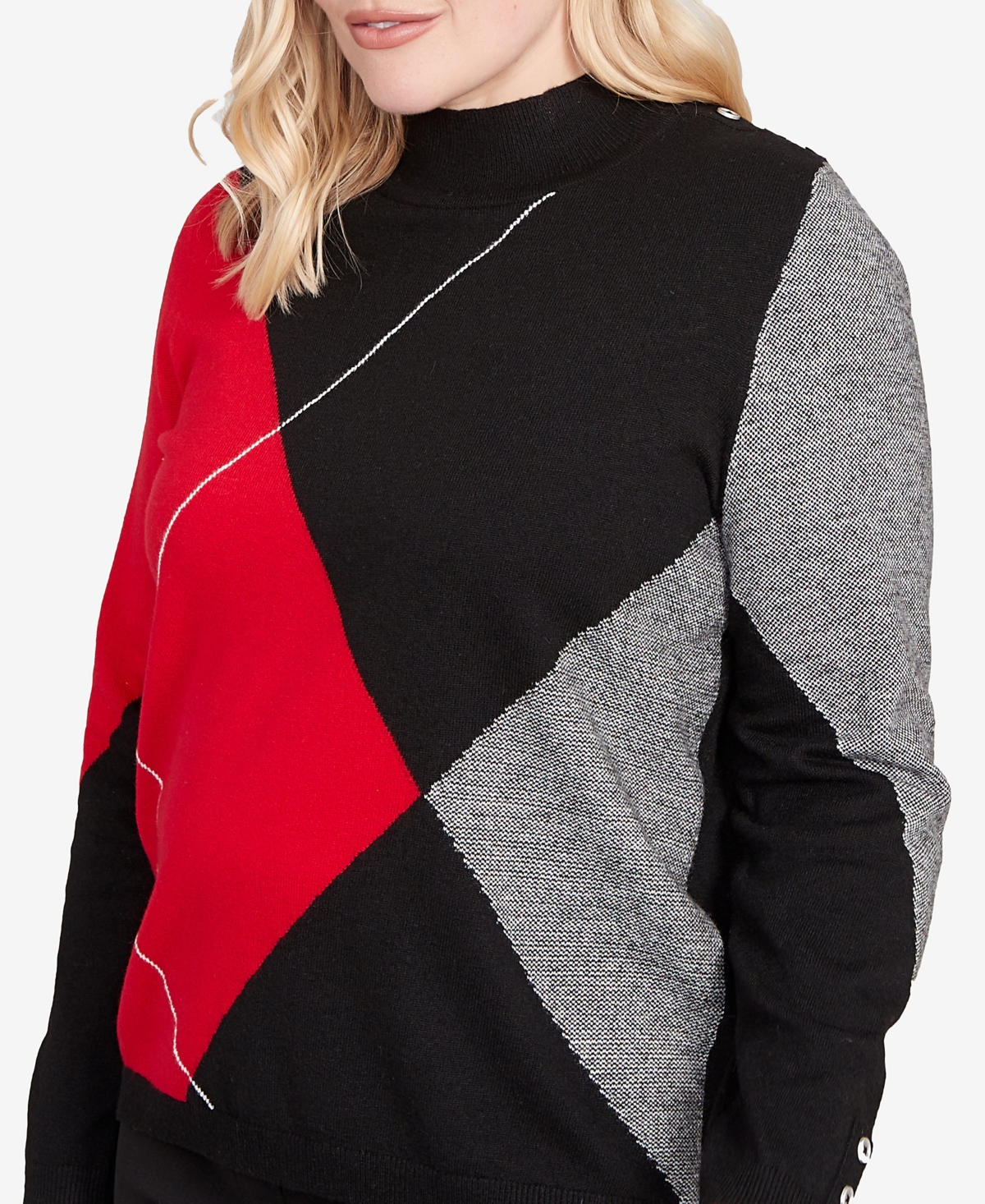 Alfred Dunner Petite Jet Setter Exploded Argyle Mock Neck Sweater In Black