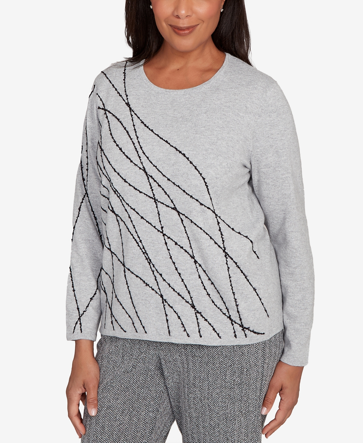 Alfred Dunner Petite Jet Setter Abstract Cording Sweater In Gray