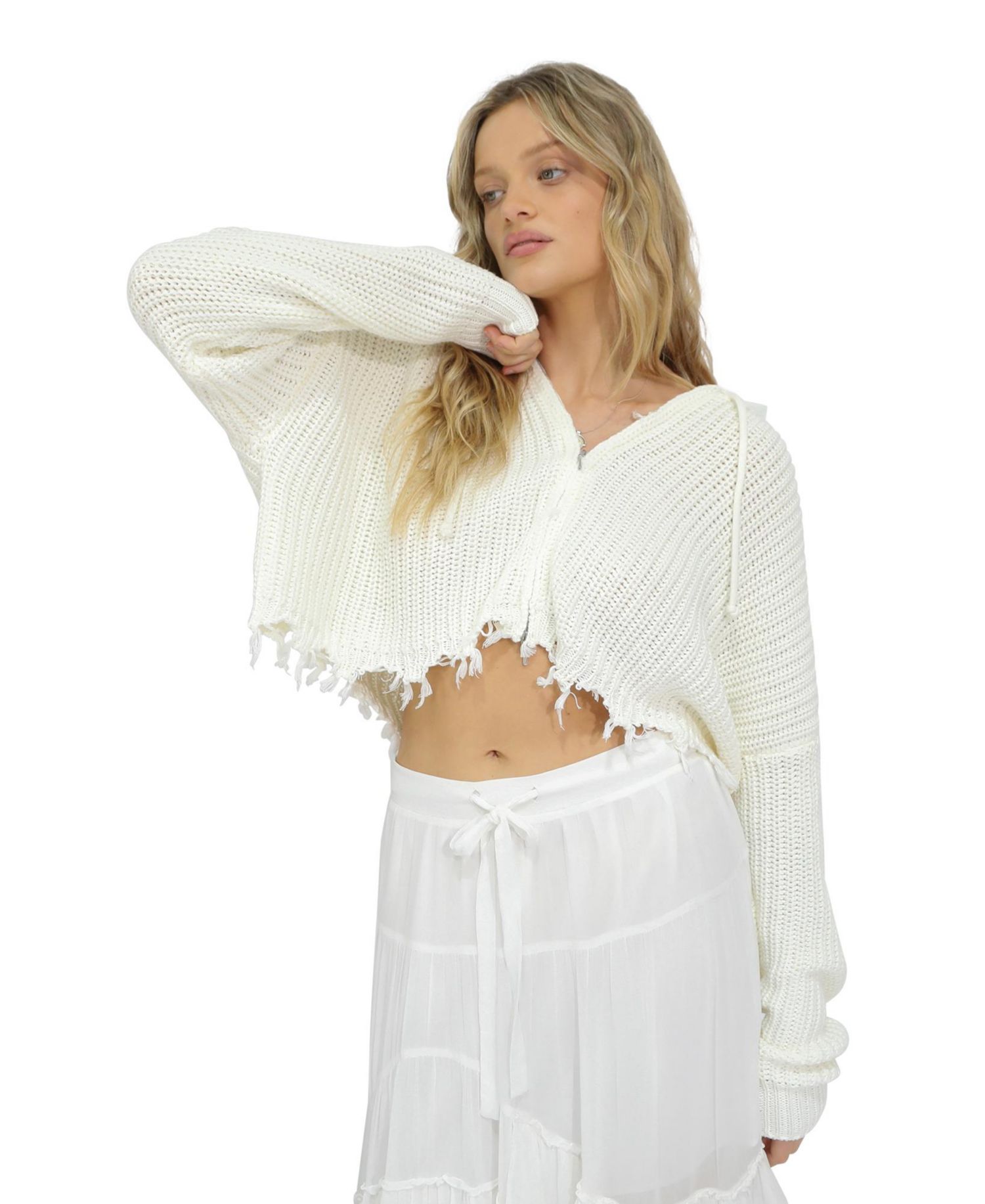 Women's Another Love Fringe Knit Zip Cardigan