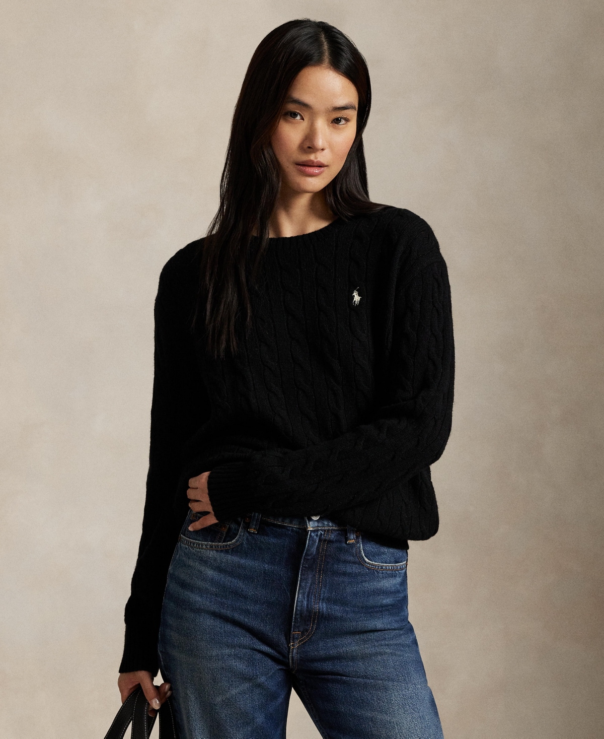 Polo Ralph Lauren Cable Wool And Cashmere Crewneck Jumper In Black