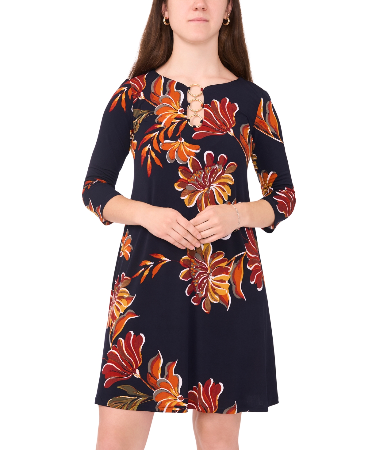 Msk Petite Round Neck 3-Ring Shift Dress