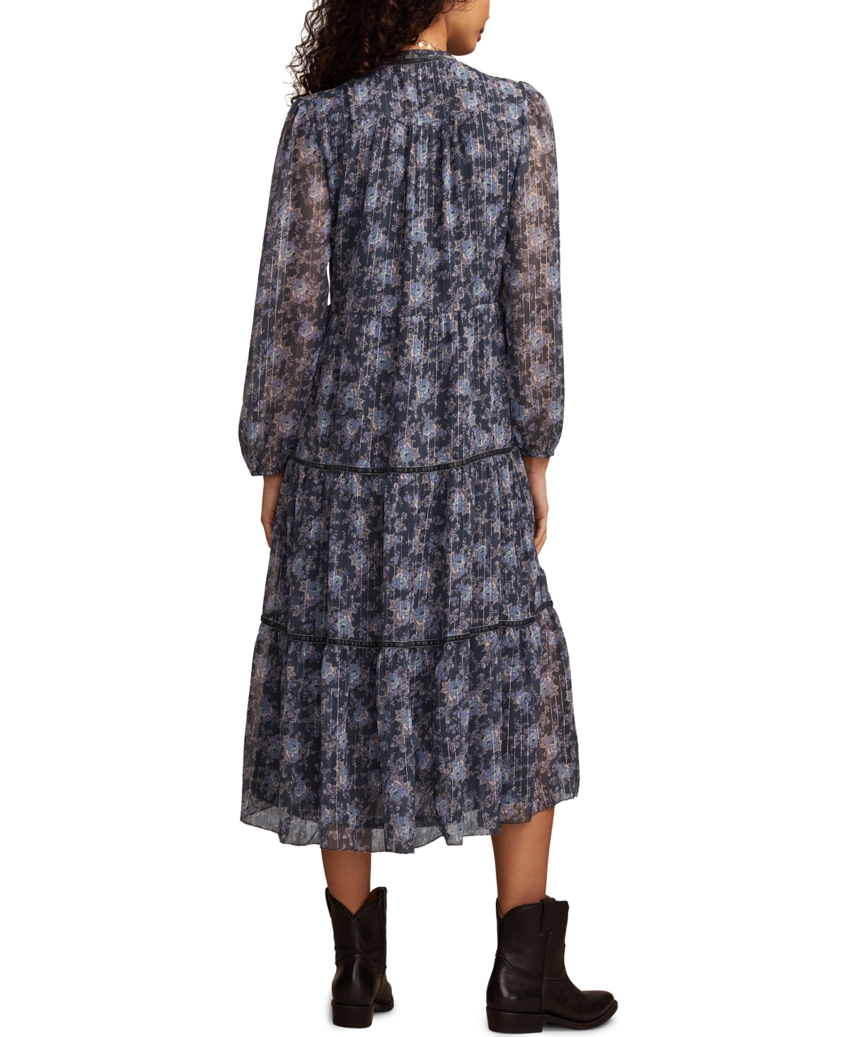 Lucky Brand Floral Print Long Sleeve Maxi Dress In Blue