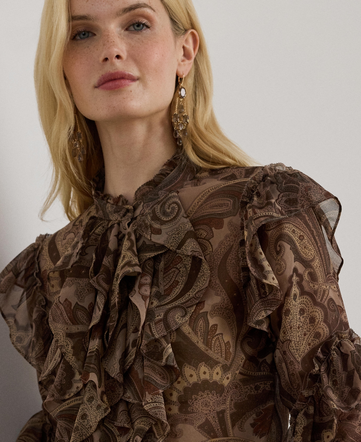 Ralph Lauren Paisley Ruffle-trim Chiffon Blouse In Brown