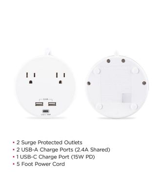 P205UC 2-Outlet Round Surge Protector with 2x USB-A and 1x USB-C Port, White