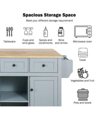 Kitchen Island Cart with Drop Leaf, Rubber Wood Top, 3 Drawers & Internal Racks, Rolling Storage on Wheels