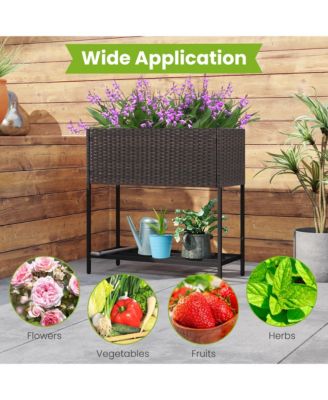 Elevated Planter Box Raised Garden Bed w/ Rattan Surface Bottom Storage Shelf