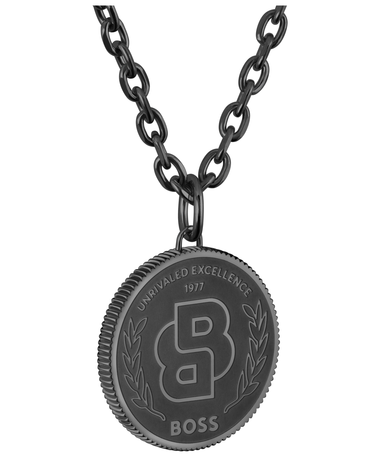 Hugo Boss Double B Coin Ionic Plated Black Stainless Steel Necklace In Black