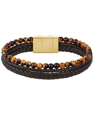 Sphere Mixed Ionic Plated Brown Leather Yellow Tiger Bracelet