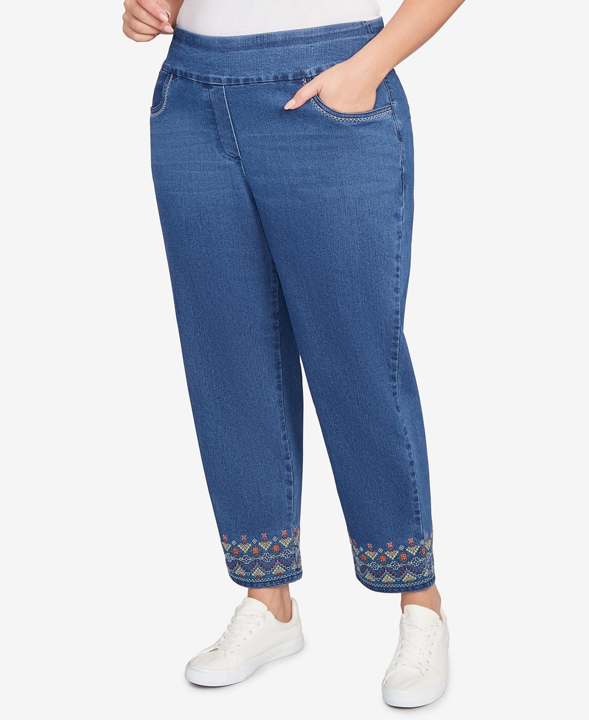 Alfred Dunner Plus Size Sunset Canyon Super Stretch Geometric Denim Ankle Pants In Blue