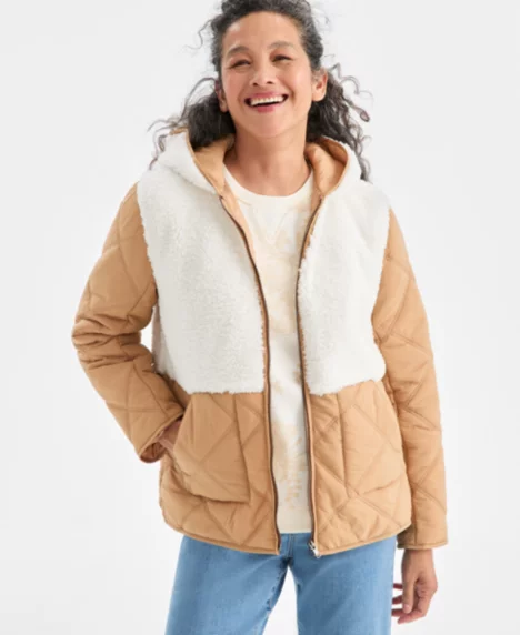 Petite Mixed Media Hooded Sherpa Jacket - Fresh Vanilla